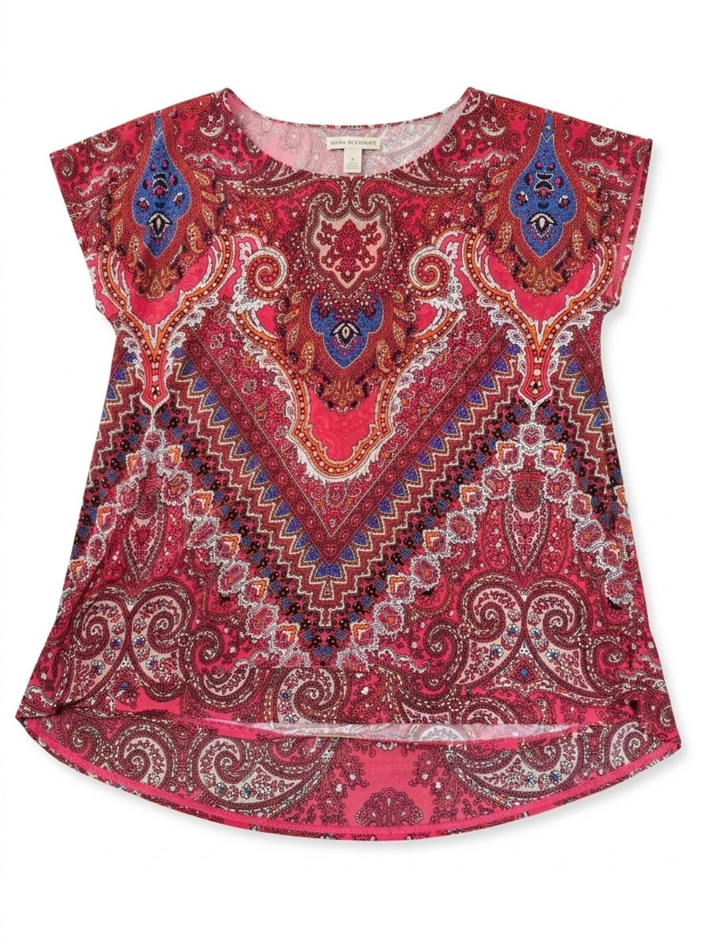 Dana Buchman Paisley Printed Top Cap Sleeve High-Low Boho Blouse Size Small